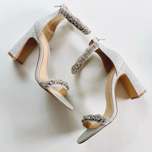 NEW Badgley Mischka Mayra Silver Glitter Rhinestone Ankle Strap Heels - Picture 4 of 12